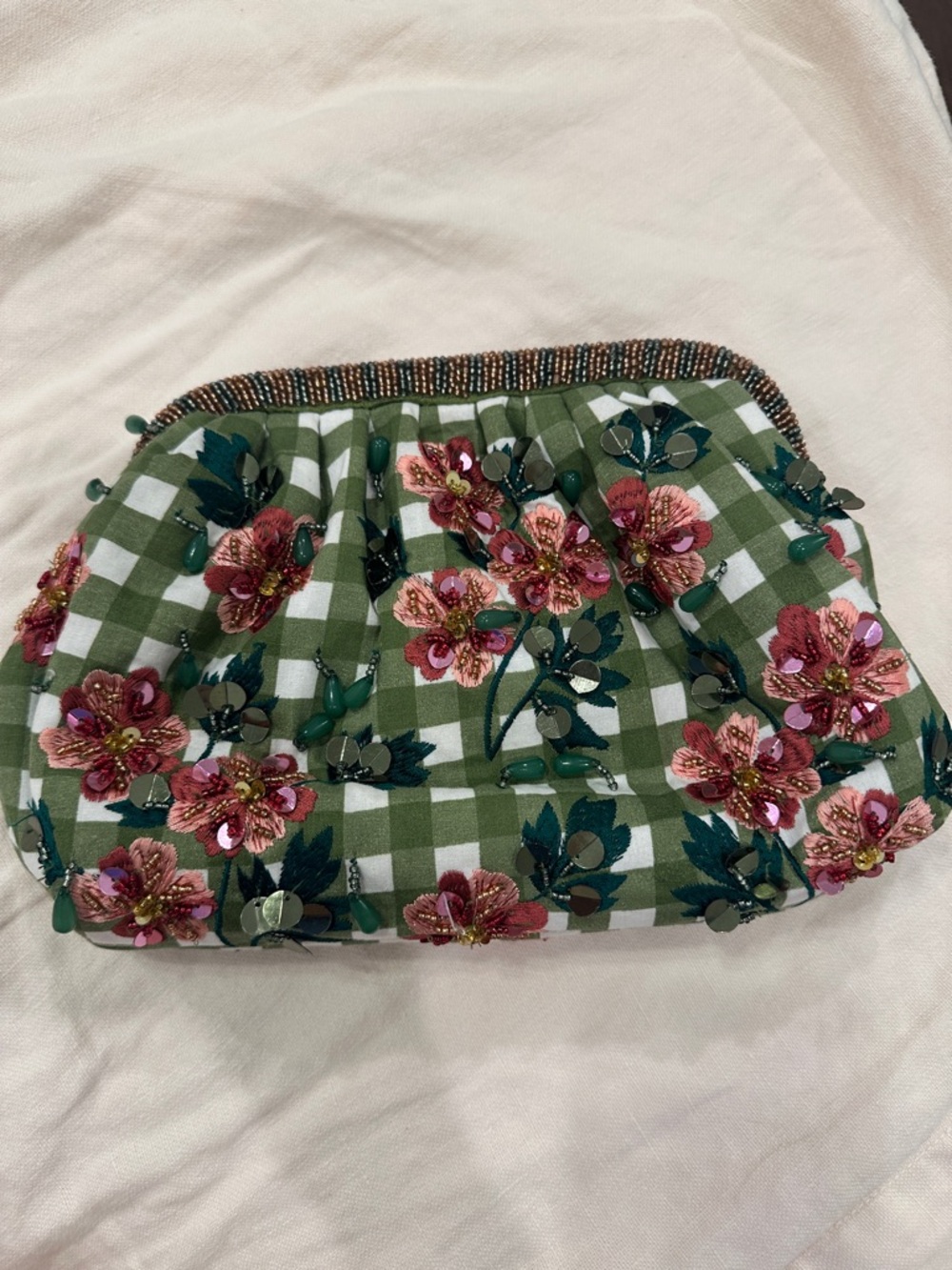Green Gingham Floral Beaded Clutch